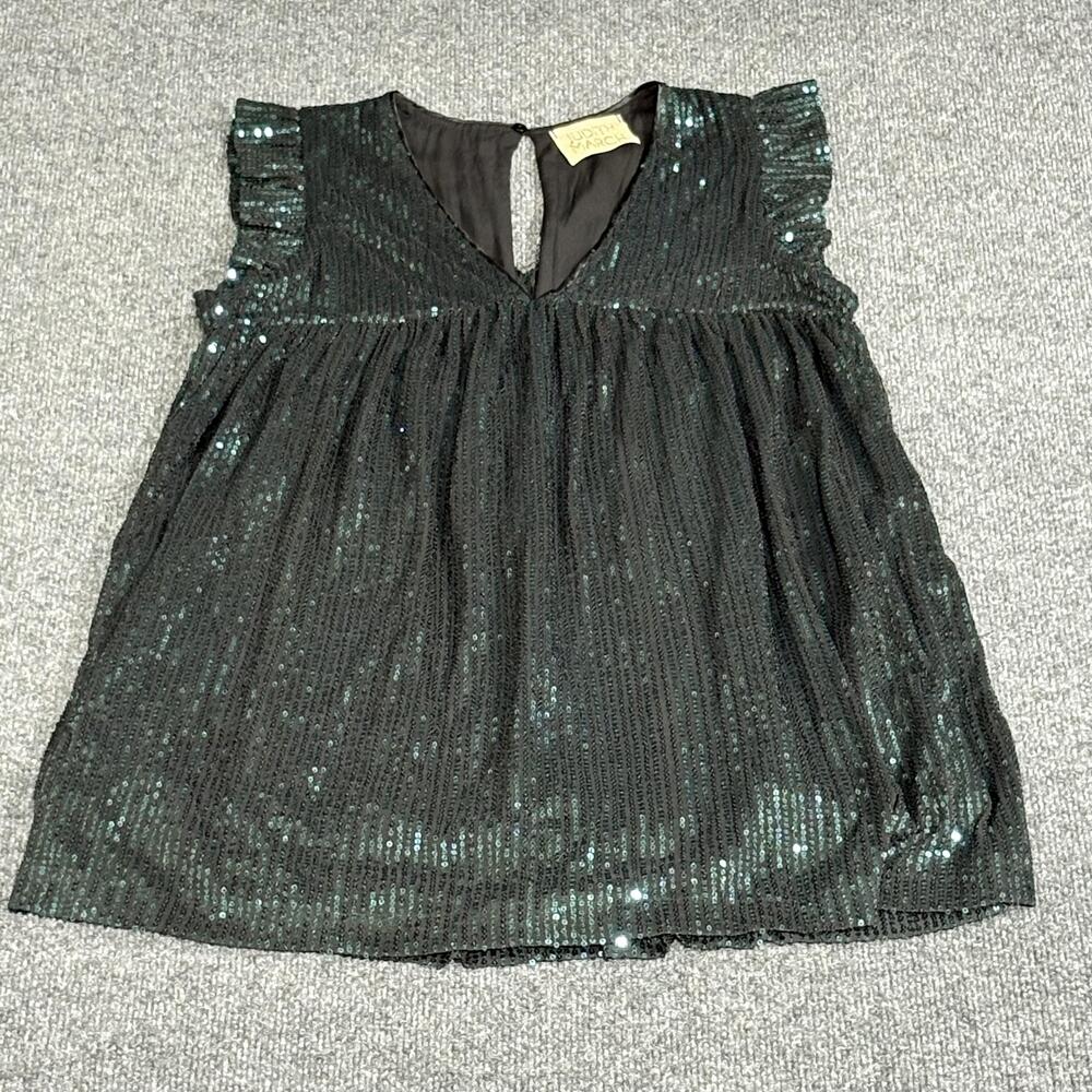 Judith March Dress Womens Small Black Green Sequin Ruffle Sleeve Lined Party